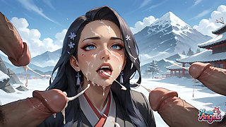 A Seductress Lies Sensually on Snow at a Japanese Shrine, Milk Spewing Out Down Her Body Against the Backdrop of Mount Fuji, Cherry Blossoms, and Torii Gates
