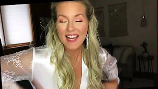 Blonde cumshot amateur MILF POV jerking in the kitchen