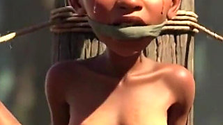 African Girl Bound in Rope Bondage - Hairy Wet Pussy Craving for Cock