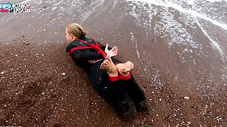 Hogtied in a Wetsuit - Rope Bondage Escape Challenge on the Beach