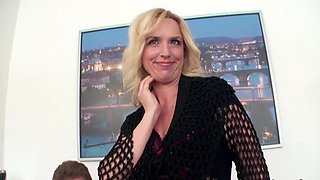 Blond bombshell Georgina gets her throat stuffed with a massive black dick in doggystyle