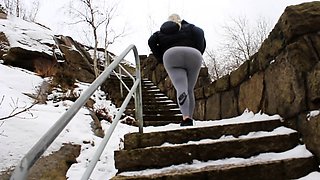 Blonde is flashing her big boobs in the outdoors