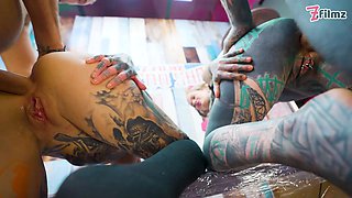 Inked paramours Big Dick foursome merry's tattooed escapade