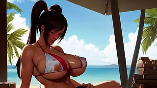 Giant Tittied MILFs Breastfeed Lesbians on the Beach