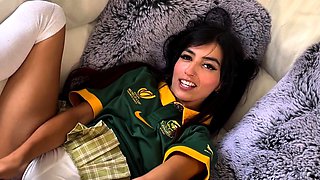 Cute rugby fan Aaliyah Yasin sucks cock for huge facial