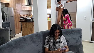 My stepmom sucks my cock on the stairs while my stepsister is distracted