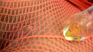 Chloe James - Babe In Fishnet Outfit Rips Pantyhose And Puts A Dildo In Her Shaved Cunt