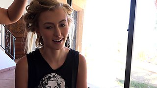 Sexy blonde teen blowjob and gangbanged then creampied