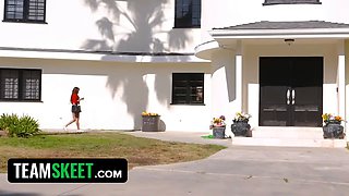 Crazy boss ambles in on his bored babysitter rubbing her labia