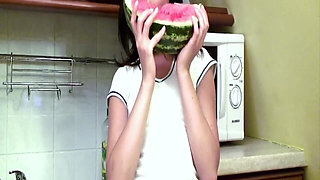 Brunette Rubs Juicy Watermelon All Over Naked Body