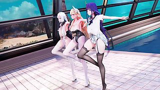 [mmd]thor, Shen He, Dumb Goose Bunny Girl, Jk Uniform, Swimsuit, Miniskirt, Black Stockings, White Stockings, Huge Breasts