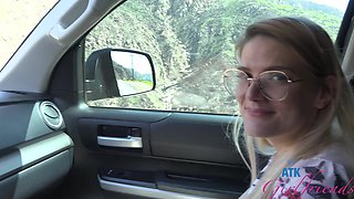 Riley Rose stops for a piss in a car, showing her slutty side.