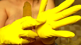 Giantess Stepsister Puts Tiny Stepbrother in Her Yellow Dishwashing Glove Then Plays with Him Has Fun with Him