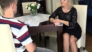 Granny mature blonde rides young slong on the couch