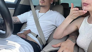 Jerking off the Driver and Filming a Video Report for Her Cuckold Husband
