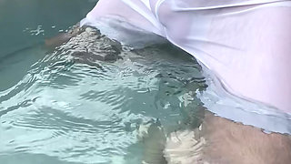 Pool cum in revealing shorts and t-shirt