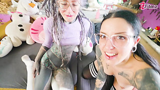 POV Threesome Hot Gothic Girls with Glasses Anal, ATM, Facial