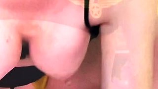 Vulva rubbing close up with blonde handling monster dildo