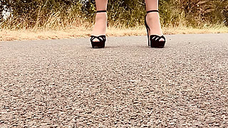 Crossdresser husband bridal stockings  suspenders heels panties bra dressed sexy outdoor flashing