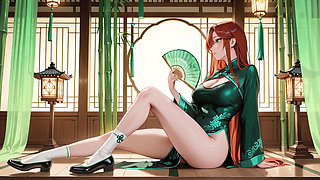 Red Hair & Emerald Qipao! Lazy Seduction in the Eastern Courtyard