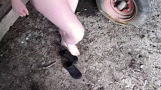 Getting Naked in the Shed for Slapping Her Tits
