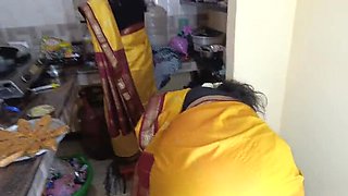 Indian Housewife and Step Sister Threesome Fucking in Kitchen - Tamil Maid Roleplay