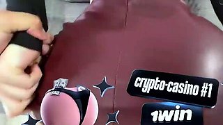 Big caboose dark-haired in leather miniskirt likes real