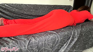 gassy kat Laying on my stomach in this tight red outfit-