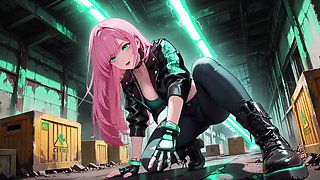 Rosy-Haired Leather Tech! Intimate vibrates in a neon-lit cyber corridor.
