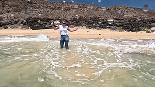 Girl Wetting Jeans in the Ocean and Swimming in Wet White T-shirt