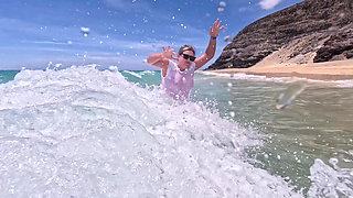 Girl Wetting Jeans in the Ocean and Swimming in Wet White T-shirt