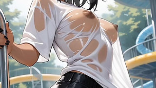 Japanese MILF Stepmom Shakes Huge Tits in Wet Panties at Pool