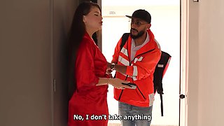 Busty latina babe with nice big ass fucks with a delivery guy