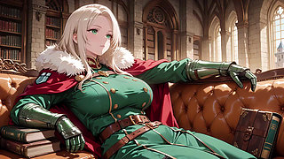 Blonde Knight's Afternoon! Green Uniform Golden Mechanical Arms, Lazily Contemplating in Ancient Stone Ruins.