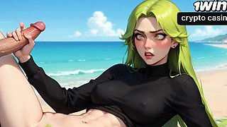 A sexy, hard-core beach honey is having an climax with