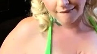 Chubby Blonde with big tits sucking black cock