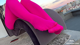 Pink Nylon Tease on the Rooftop at Sunset - Feet and Big Ass