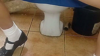 19 Year Old College Girl in Uniform Play with Vibrator in Mini Skirt in Toilet