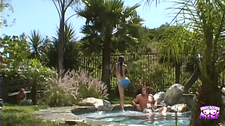 Magnetic Brunette Hottie with Enormous Fake Knockers Fucks Her Lover Outdoors and Eats His Cum