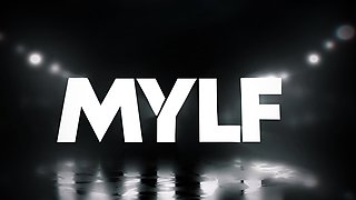 Busty curly brunette with big boobs fucks on couch