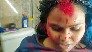 Holi Special: Stepdad Fucks Horny Stepdaughter in Bathroom with Red Gulal All Over Her Big Tits