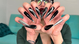 Long Black Silver Sharp Nails, Claws, Dark Lipstick and Hot Handjobs