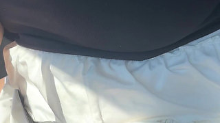 Lady Oops Slut Exhibitionist in Car Micro Skirt and Big Tits