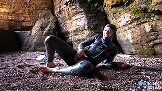 Shiny Rubber Wetsuit Tease in Private Cave