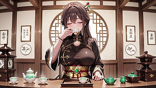 The Black & Gold Qipao Lady Kneels in the Wooden Corridor, Playing with Her Hair Bun, Sunlight Hitting Her Skin