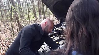 German amateur Lady Elisa sucks big cock in car backseat outdoor blowjob