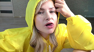 Neighbor Sucks a Friend's Cock After the Rain and Plays with Cum in Her Mouth!