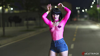 Skinny Punk Brunette in Fishnets and Glasses Dances Naked in the Streets and Sucks My Cock