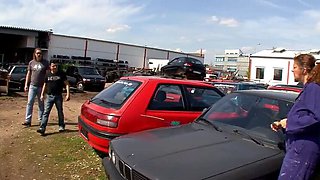 Amateur German Blowjob in Car Workshop - Big Tits Sabine Weber Fucks on Hood