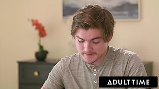 Office sex with perfect busty brunette Little Puck wearing sexy stockings